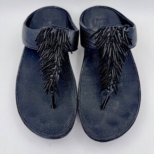 FitFlop‎ Women's Cha Cha Black Embossed Leather Beaded Fringe Sandal | Size 8